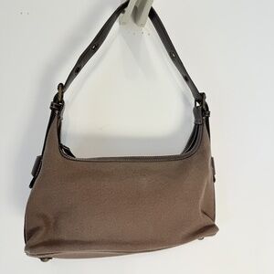 Liz Claiborne Womens Brown Canvas Faux Leather Adjustable Strap Shoulder Handbag